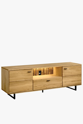 Tölgyfa TV komód fekete fém lábakkal, modern nappali bútor